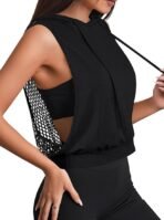 Women’s Black Mesh Back Sleeveless Hoodie Top